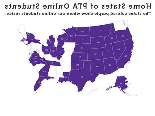 美国地图. 36个州的紫色显示了SJC在线PTA学生的居住地.